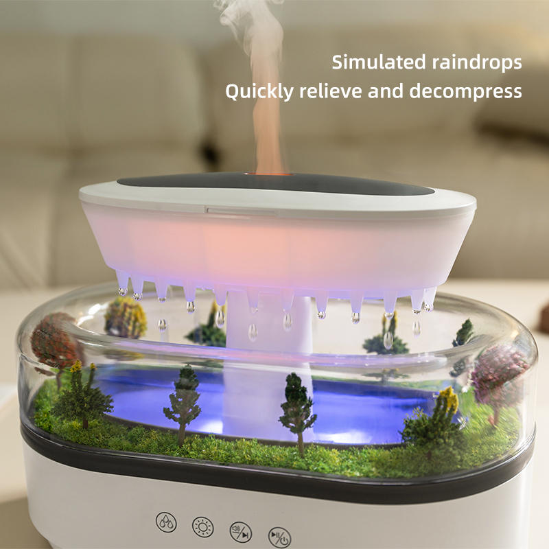 Close-up of the Misthaus glass terrarium base — miniature forest of moss and resin trees