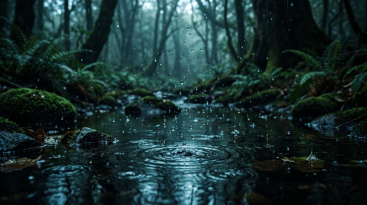 Rain falling on a still pond in a misty forest, ripples spreading across the water